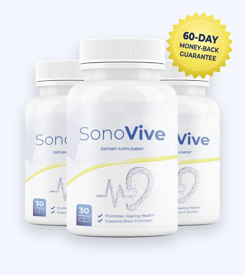 SonoVive hearing support capsules, three bottles with 60-day money-back guarantee